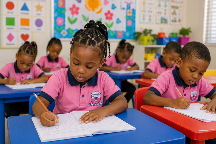 A primary pupil writing at her desk in class