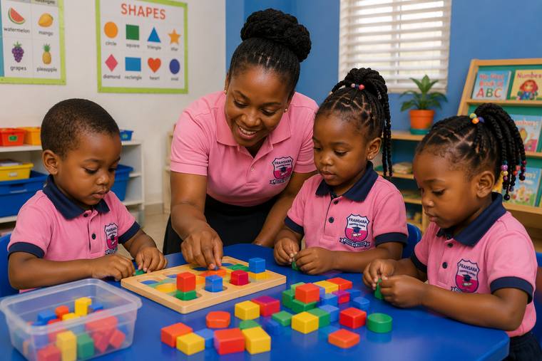 A teacher counting coloured blocks with three nursery children
