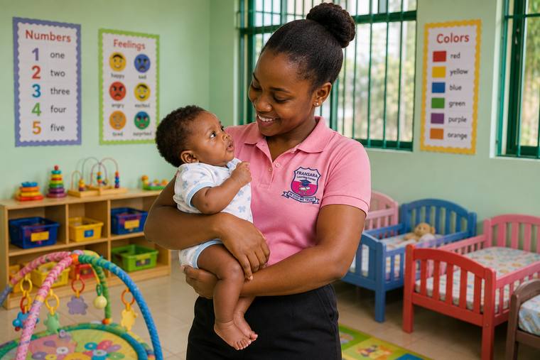 A caregiver holding a baby in the Fransara creche room