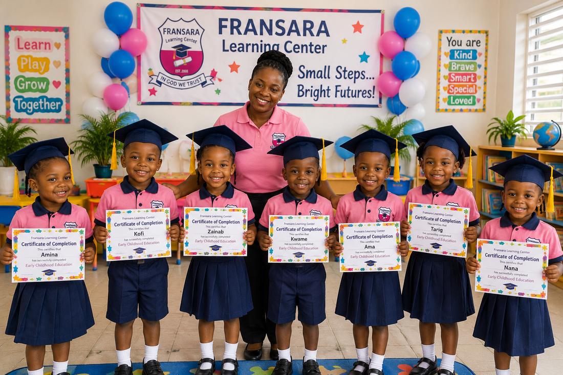 Graduating pupils holding their certificates in caps and gowns