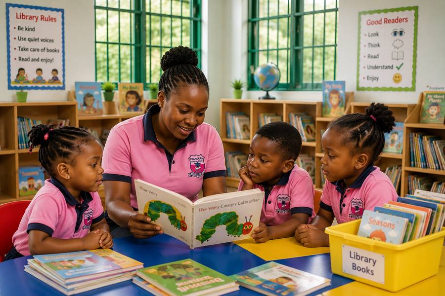 A Fransara teacher reading with children in the library corner