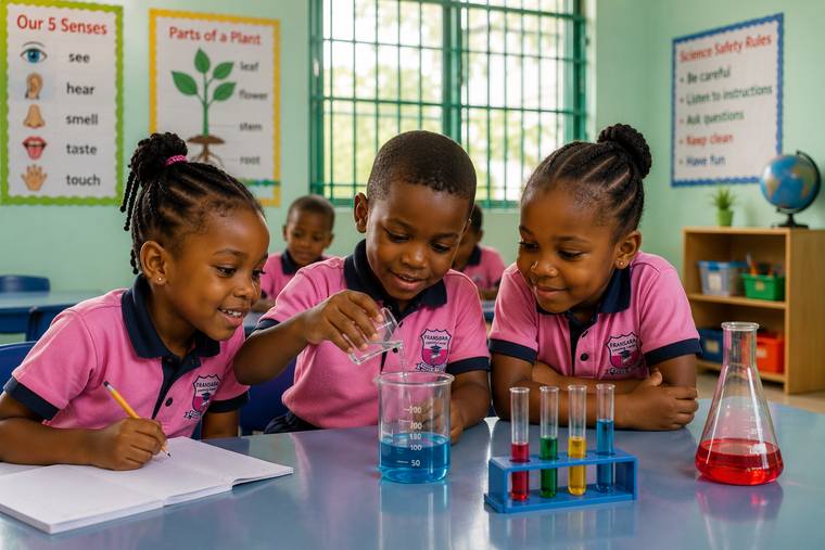 Pupils experimenting with coloured liquids in test tubes